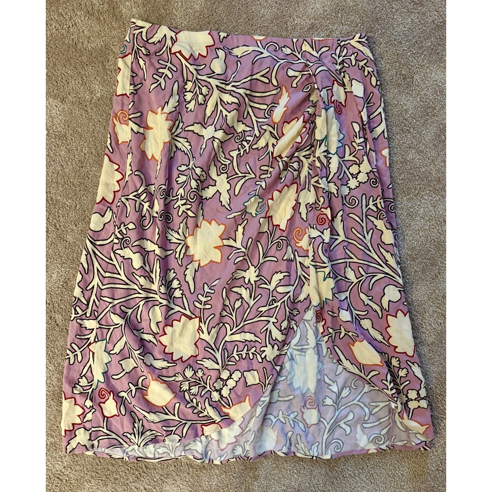 Knox Rose Floral Print Purple & White Pull On Elastic Waist Midi Skirt Women's L